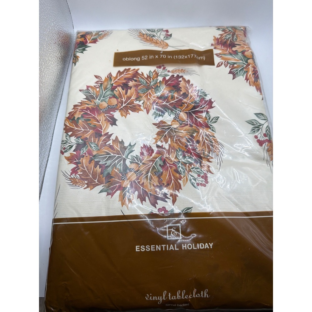 Essential Holiday Fall Wreath Vinyl Tablecloth Oblong 52x70 Flannel Backed Kmart
